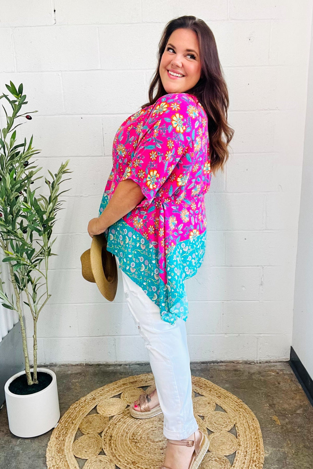 Vacay Ready Fuchsia Paisley Floral Dolman Sleeve Shark Bite Tops | Nikki &amp; Co. Boutique
