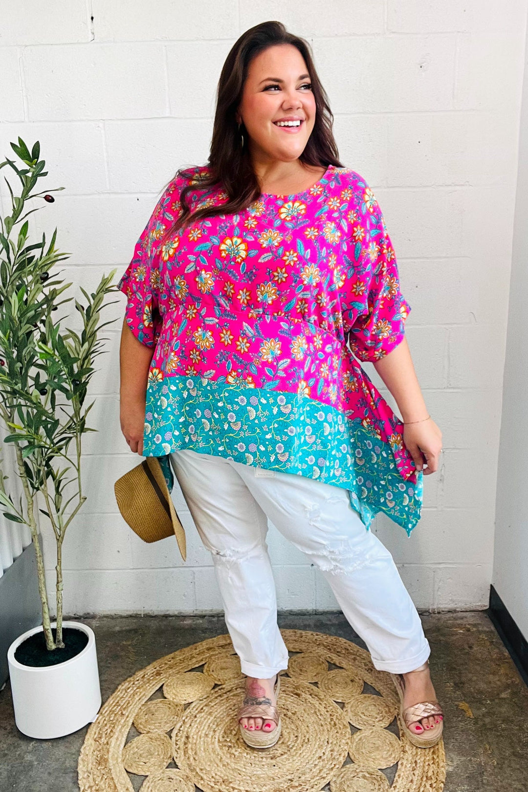 Vacay Ready Fuchsia Paisley Floral Dolman Sleeve Shark Bite Tops | Nikki &amp; Co. Boutique