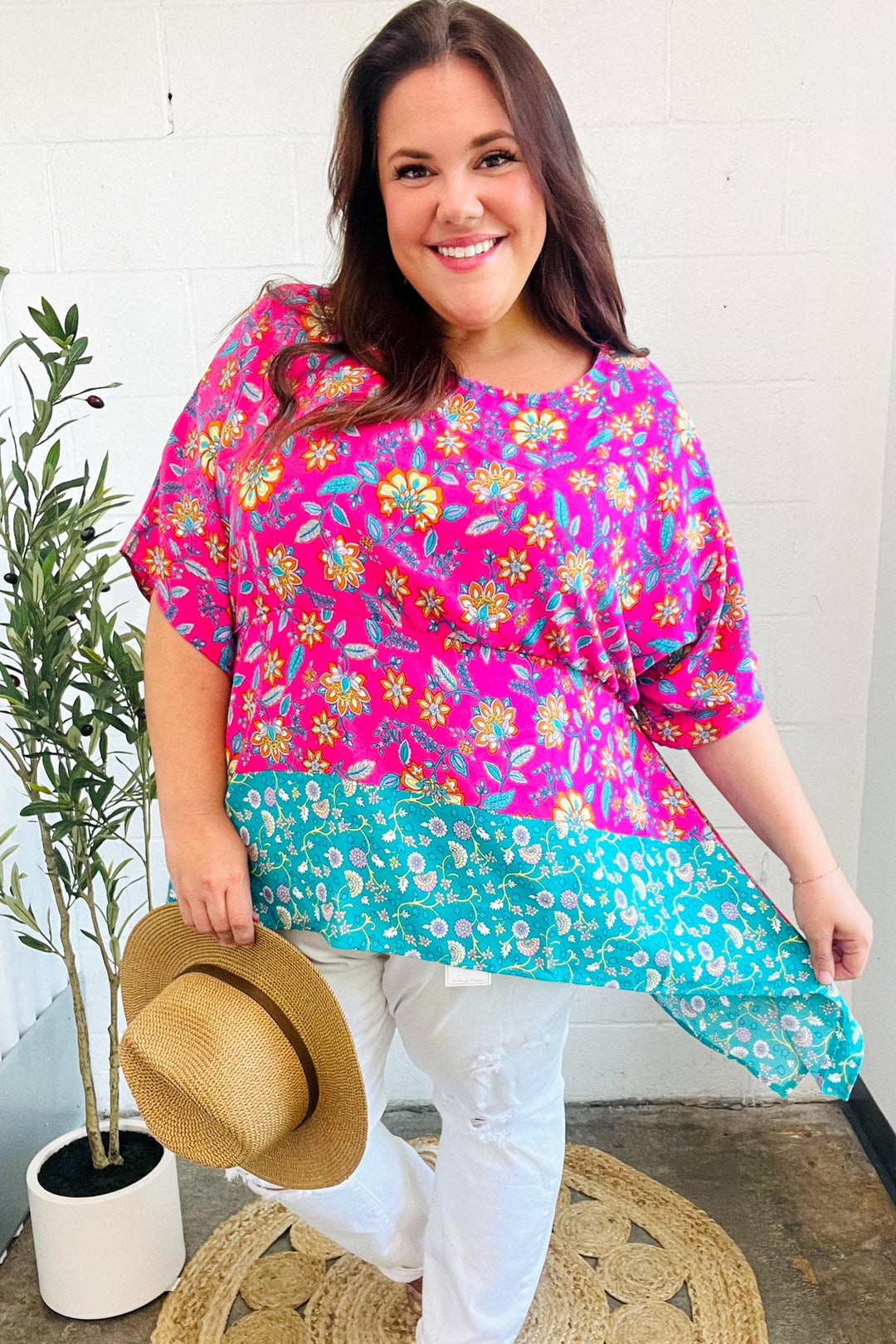 Vacay Ready Fuchsia Paisley Floral Dolman Sleeve Shark Bite Tops | Nikki &amp; Co. Boutique