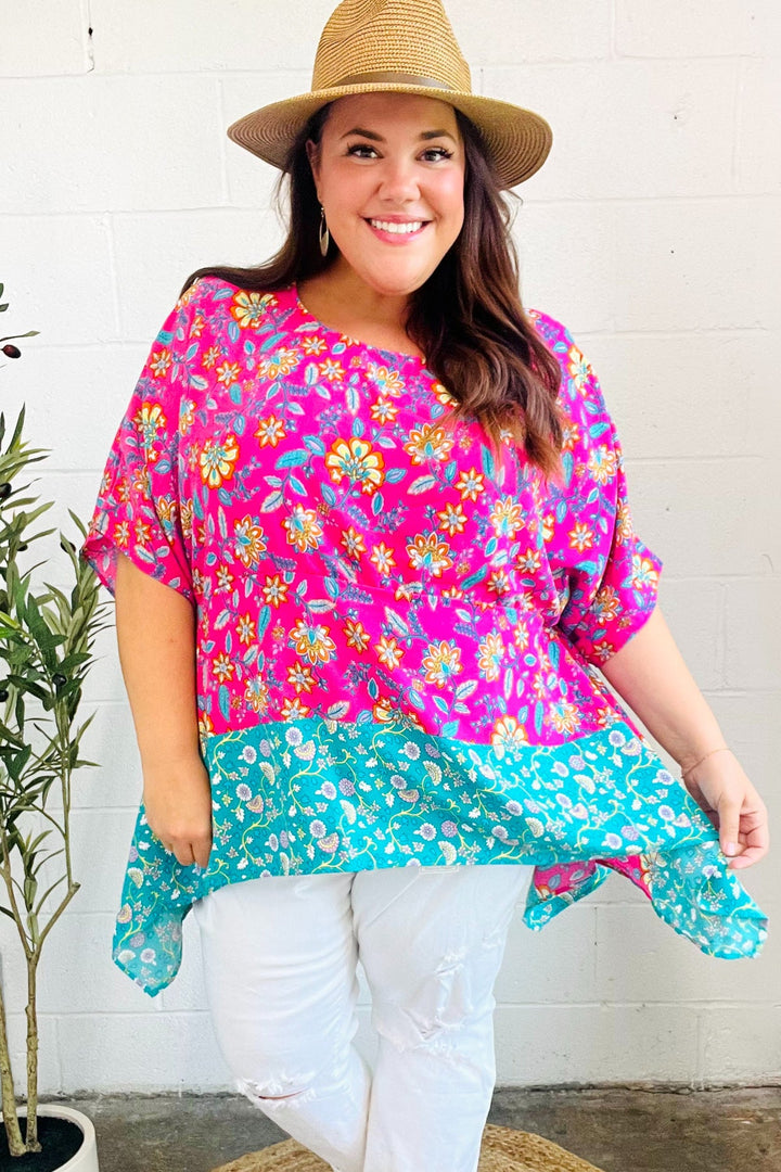 Vacay Ready Fuchsia Paisley Floral Dolman Sleeve Shark Bite Tops | Nikki &amp; Co. Boutique