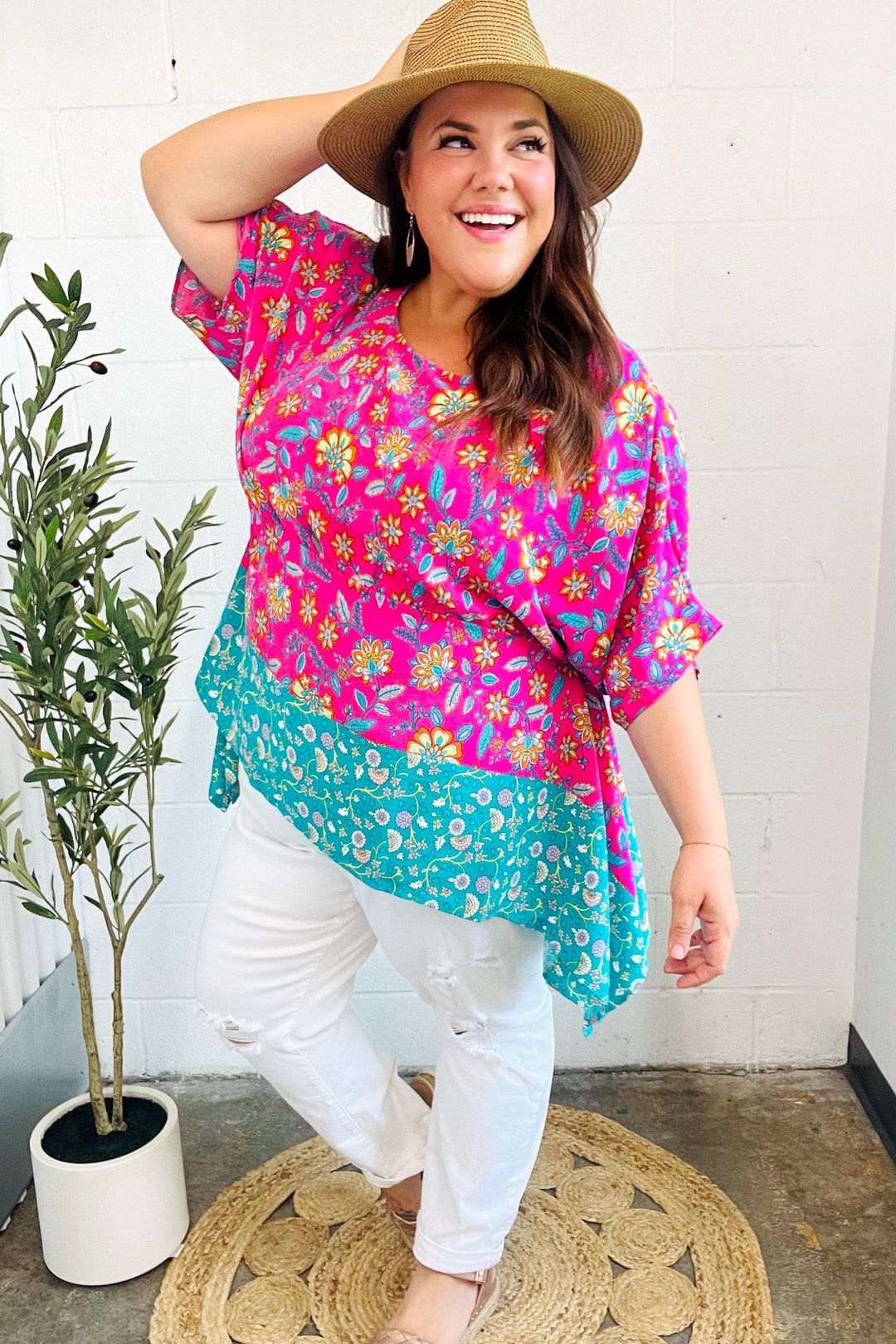 Vacay Ready Fuchsia Paisley Floral Dolman Sleeve Shark Bite Tops | Nikki &amp; Co. Boutique