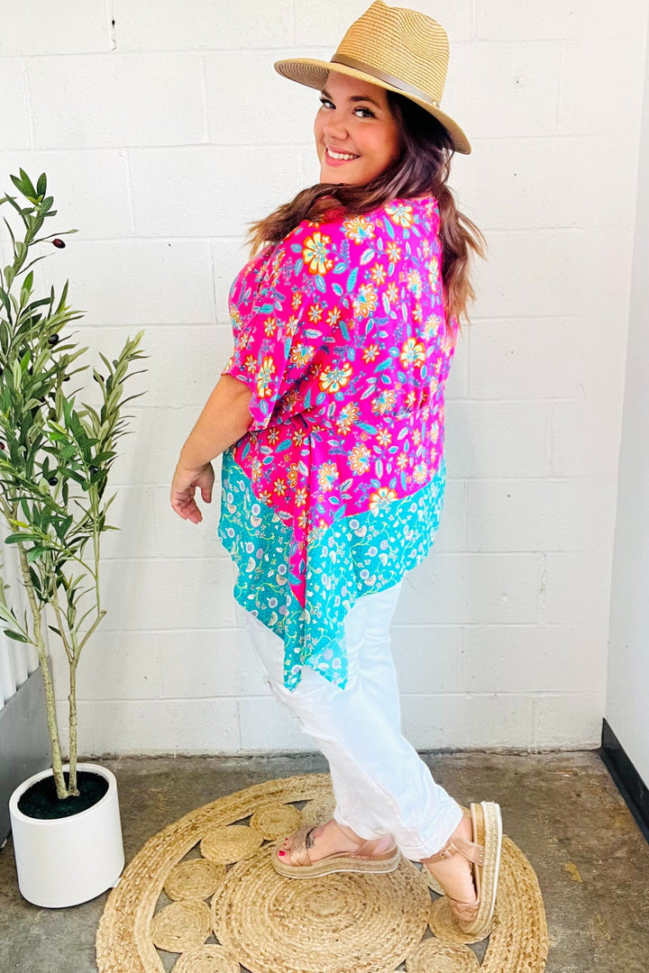 Vacay Ready Fuchsia Paisley Floral Dolman Sleeve Shark Bite Tops | Nikki &amp; Co. Boutique