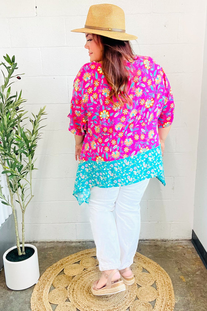 Vacay Ready Fuchsia Paisley Floral Dolman Sleeve Shark Bite Tops | Nikki &amp; Co. Boutique