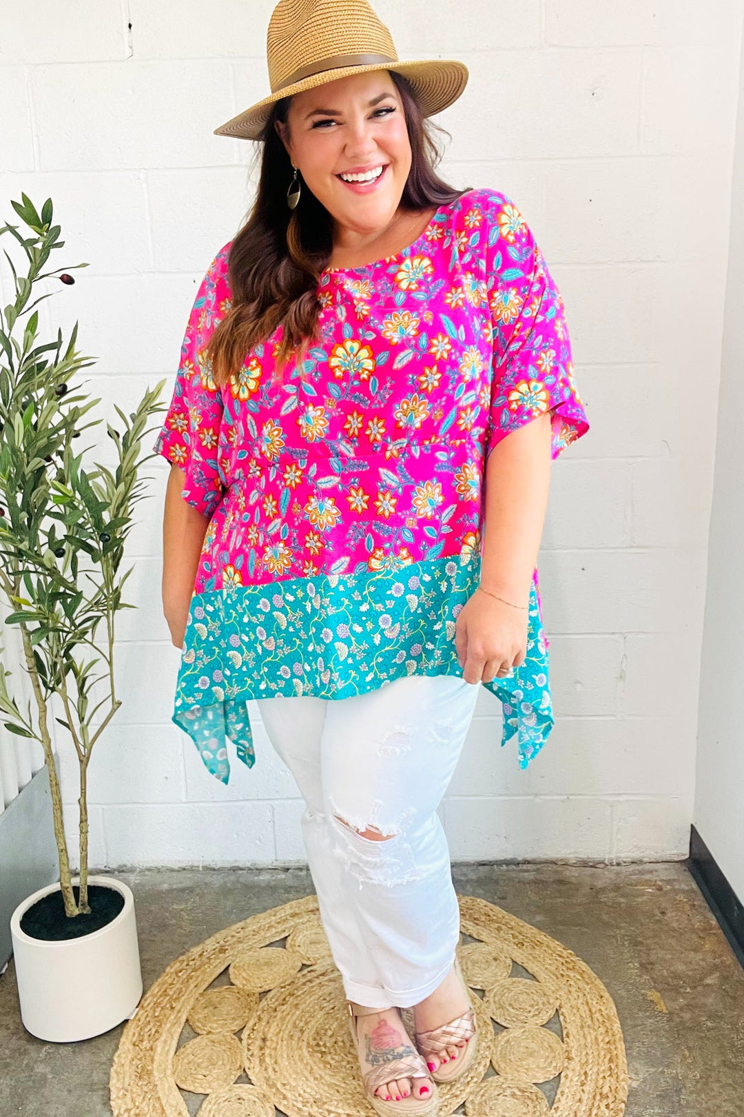 Vacay Ready Fuchsia Paisley Floral Dolman Sleeve Shark Bite Tops | Nikki &amp; Co. Boutique