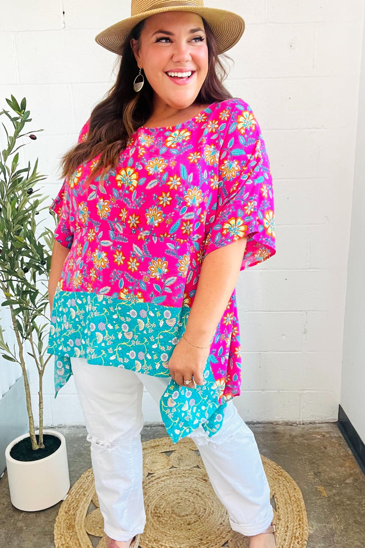 Vacay Ready Fuchsia Paisley Floral Dolman Sleeve Shark Bite Tops | Nikki &amp; Co. Boutique