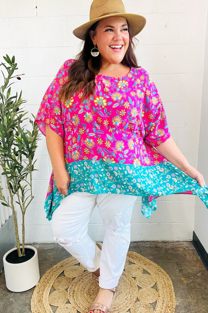 Vacay Ready Fuchsia Paisley Floral Dolman Sleeve Shark Bite Tops | Nikki &amp; Co. Boutique