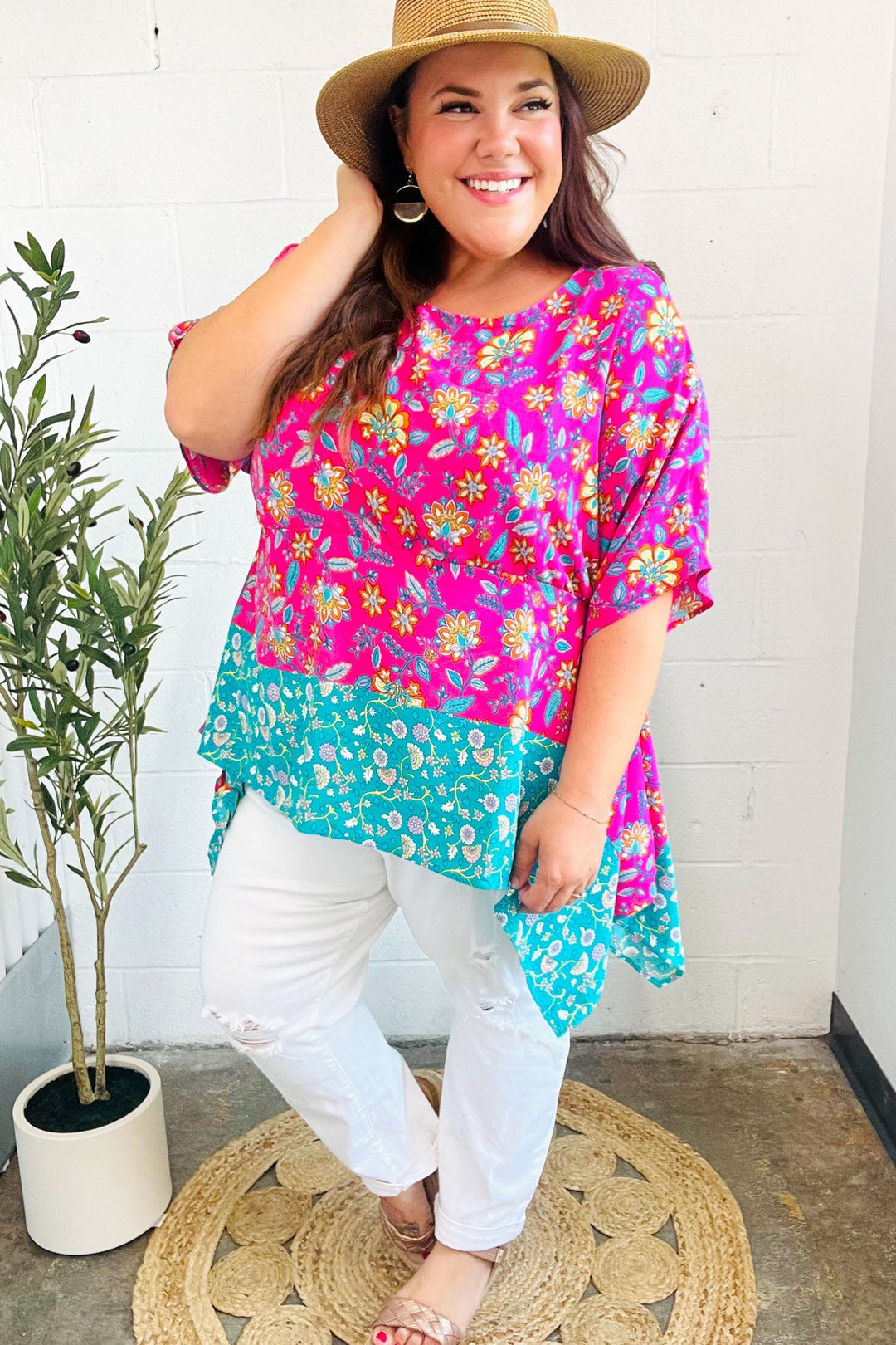 Vacay Ready Fuchsia Paisley Floral Dolman Sleeve Shark Bite Tops | Nikki &amp; Co. Boutique