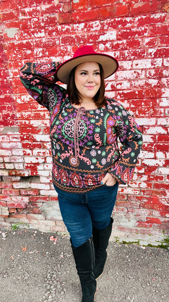 Take The Leap Black &amp; Mauve Border Print Boho Tie Tops | Nikki &amp; Co. Boutique