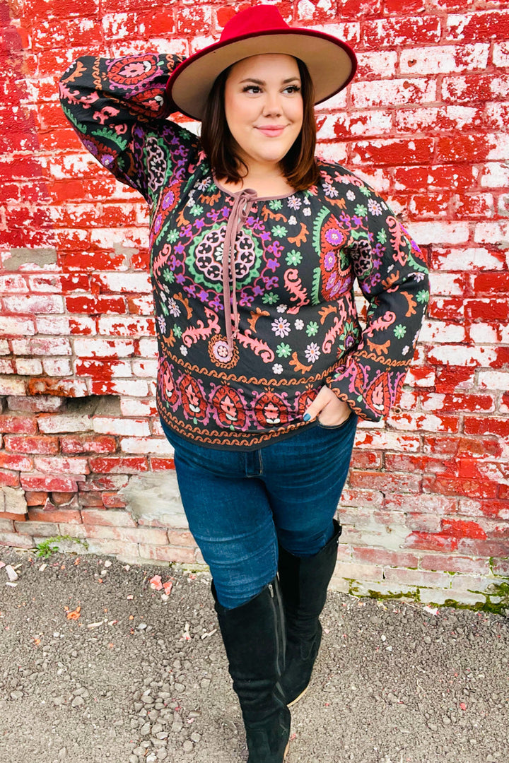 Take The Leap Black &amp; Mauve Border Print Boho Tie Tops | Nikki &amp; Co. Boutique