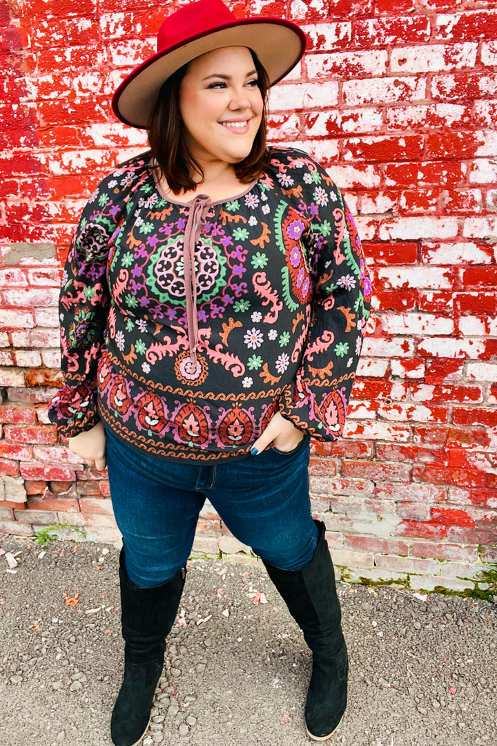 Take The Leap Black &amp; Mauve Border Print Boho Tie Tops | Nikki &amp; Co. Boutique