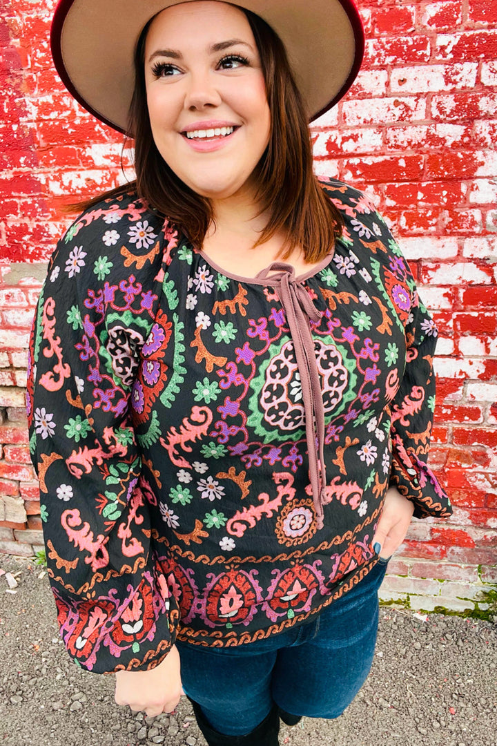 Take The Leap Black &amp; Mauve Border Print Boho Tie Tops | Nikki &amp; Co. Boutique