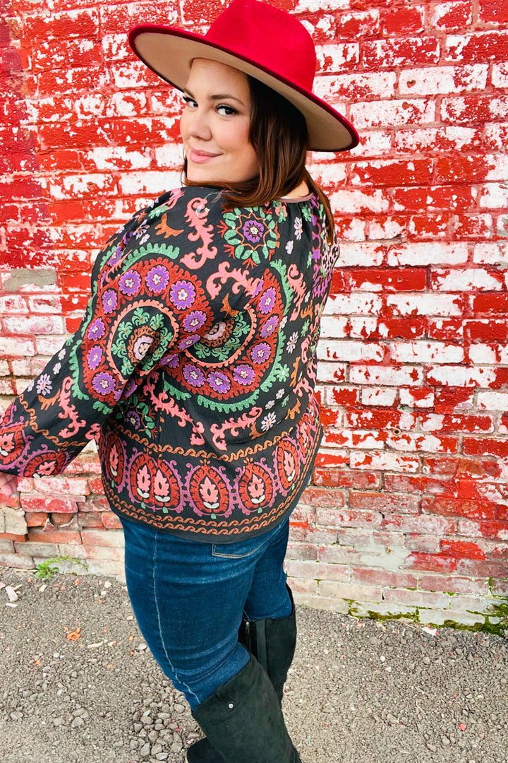 Take The Leap Black &amp; Mauve Border Print Boho Tie Tops | Nikki &amp; Co. Boutique