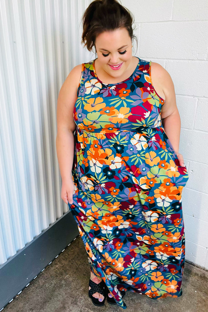 Teal &amp; Maroon Flat Floral  Fit and Flare Sleeveless Maxi Dress | Nikki &amp; Co. Boutique