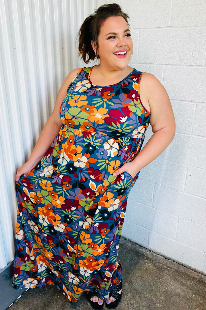 Teal &amp; Maroon Flat Floral  Fit and Flare Sleeveless Maxi Dress | Nikki &amp; Co. Boutique