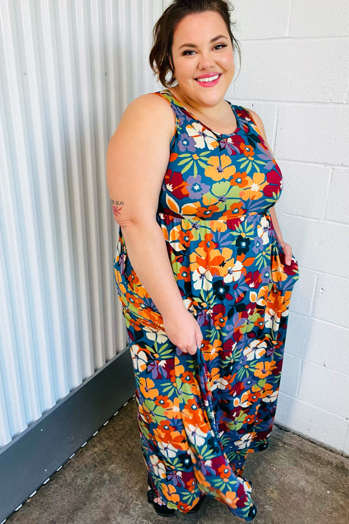 Teal &amp; Maroon Flat Floral  Fit and Flare Sleeveless Maxi Dress | Nikki &amp; Co. Boutique