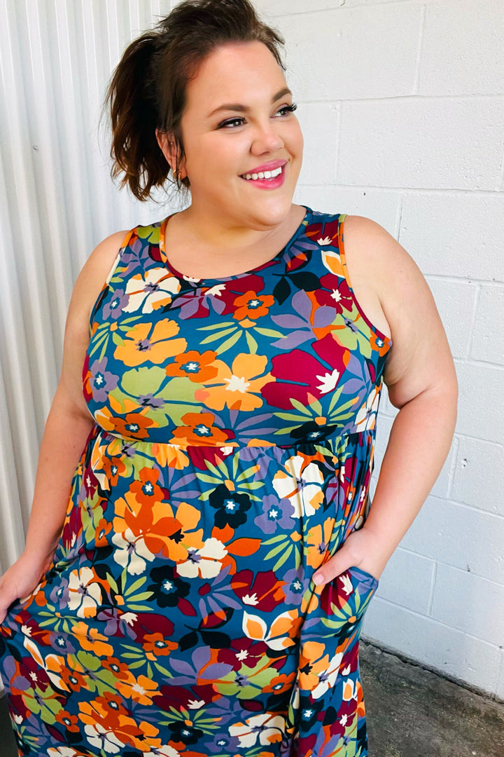 Teal &amp; Maroon Flat Floral  Fit and Flare Sleeveless Maxi Dress | Nikki &amp; Co. Boutique