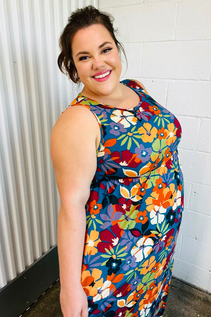 Teal &amp; Maroon Flat Floral  Fit and Flare Sleeveless Maxi Dress | Nikki &amp; Co. Boutique
