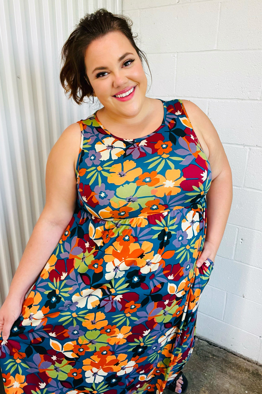 Teal &amp; Maroon Flat Floral  Fit and Flare Sleeveless Maxi Dress | Nikki &amp; Co. Boutique