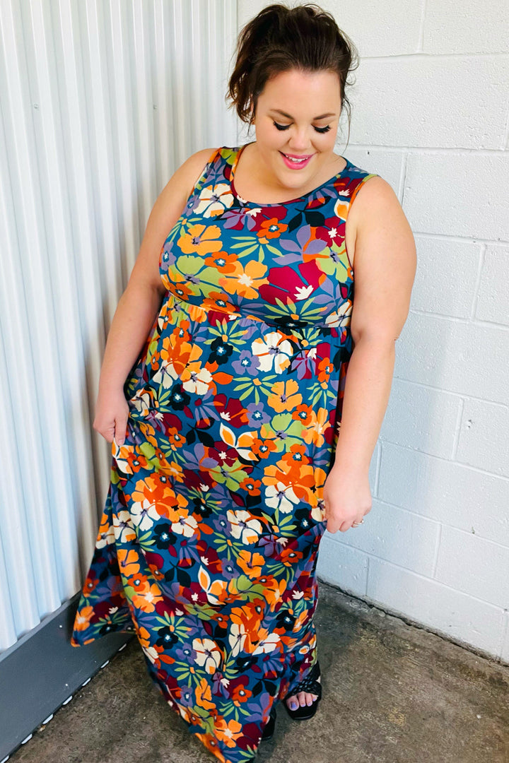 Teal &amp; Maroon Flat Floral  Fit and Flare Sleeveless Maxi Dress | Nikki &amp; Co. Boutique