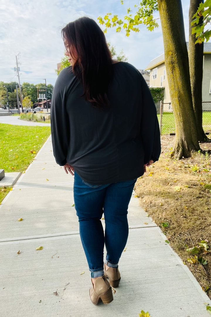 Versatile Charcoal Front Tie Modal Knit Peasant Tops | Nikki &amp; Co. Boutique