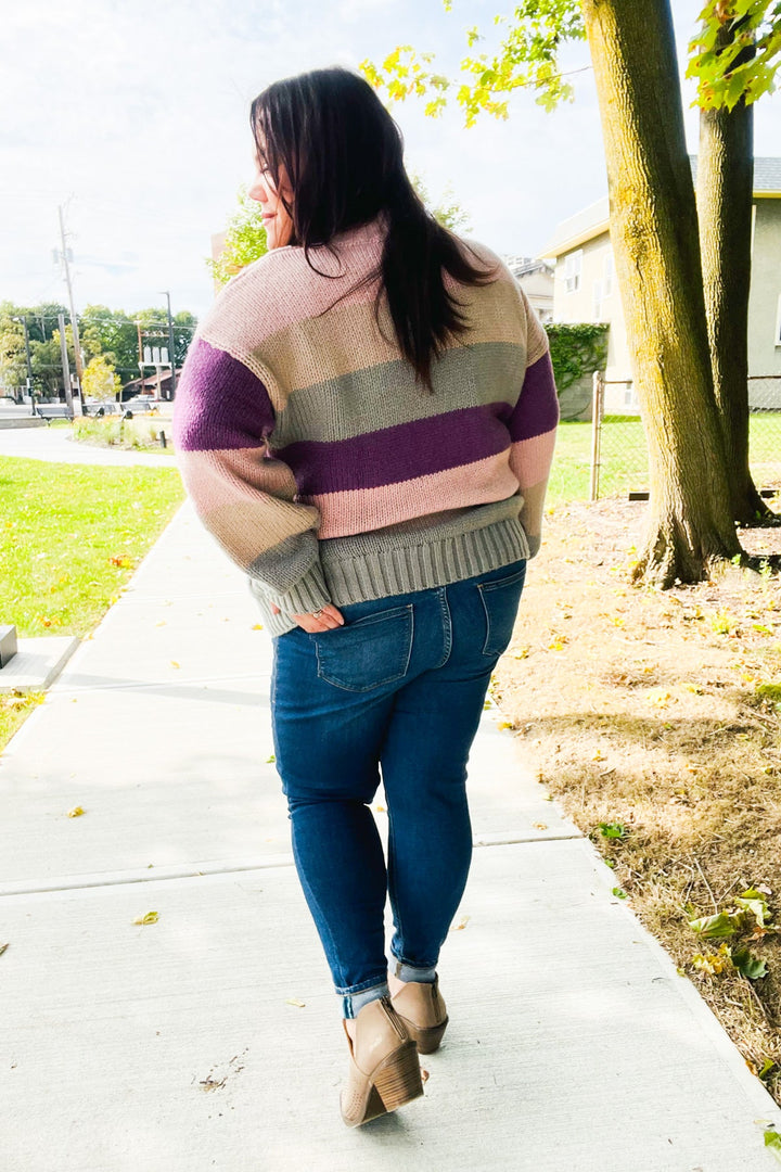 Fall For You Mauve Multicolor Stripe Cable Knit Mock Neck Sweater | Nikki &amp; Co. Boutique