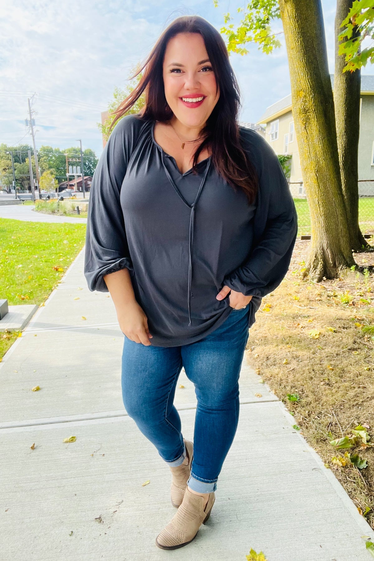 Versatile Charcoal Front Tie Modal Knit Peasant Top - Nikki and Co Boutique