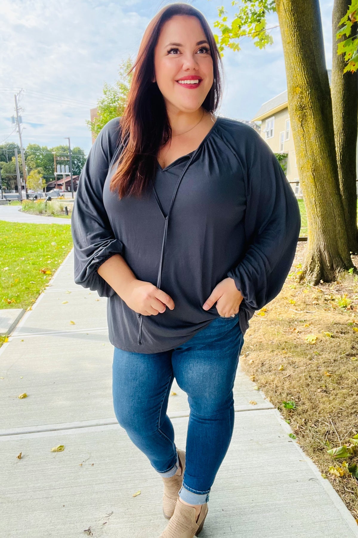 Versatile Charcoal Front Tie Modal Knit Peasant Top - Nikki and Co Boutique