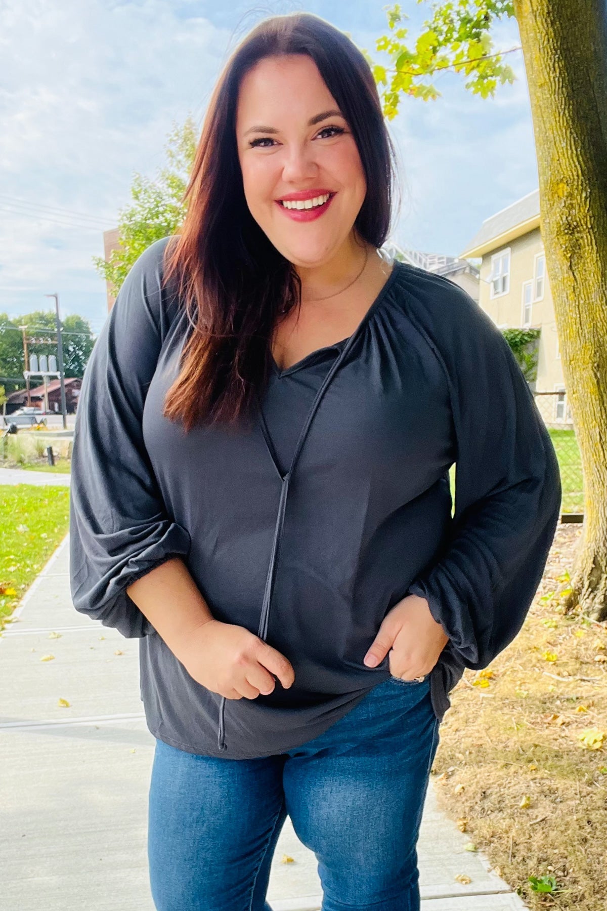 Versatile Charcoal Front Tie Modal Knit Peasant Top - Nikki and Co Boutique