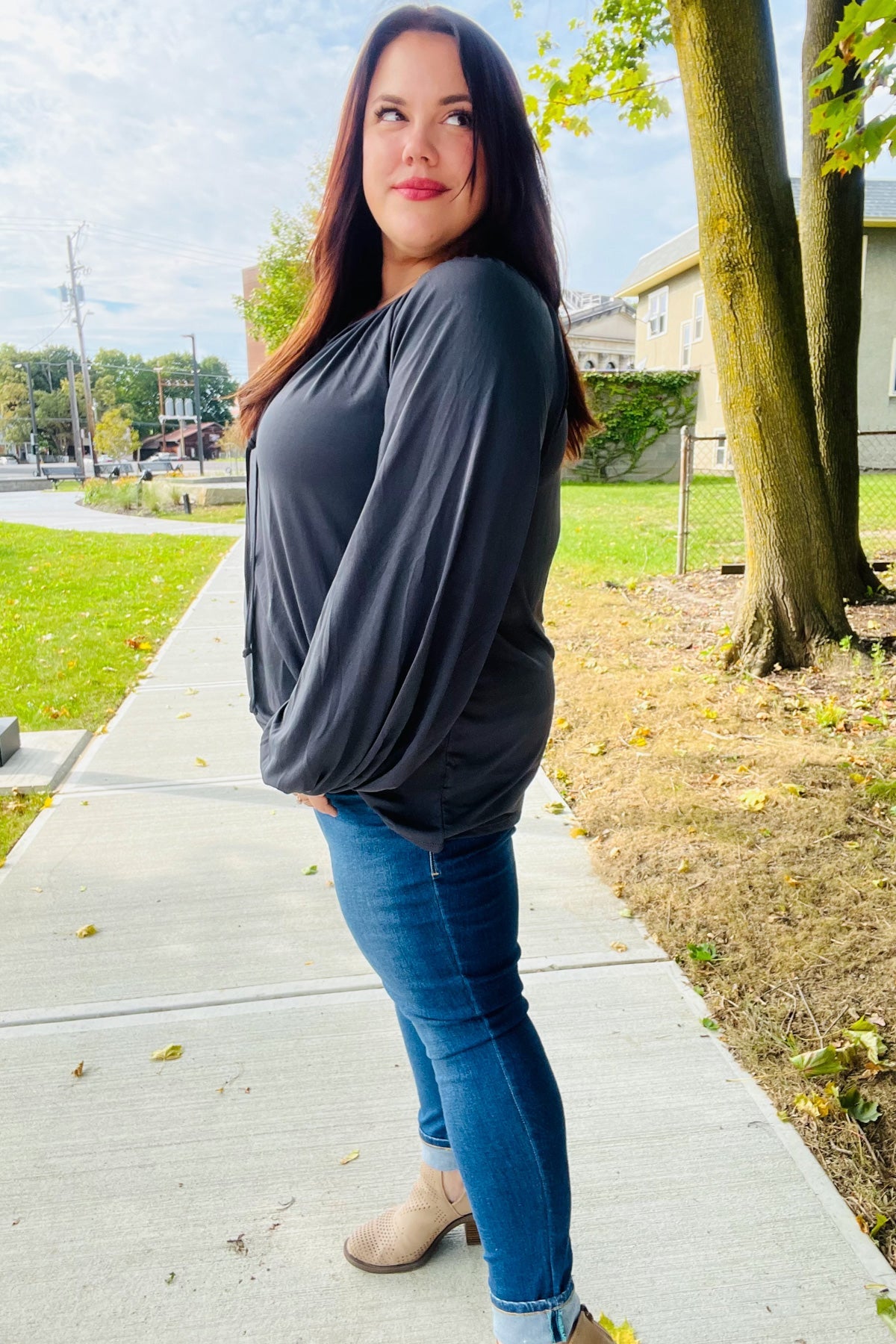 Versatile Charcoal Front Tie Modal Knit Peasant Top - Nikki and Co Boutique