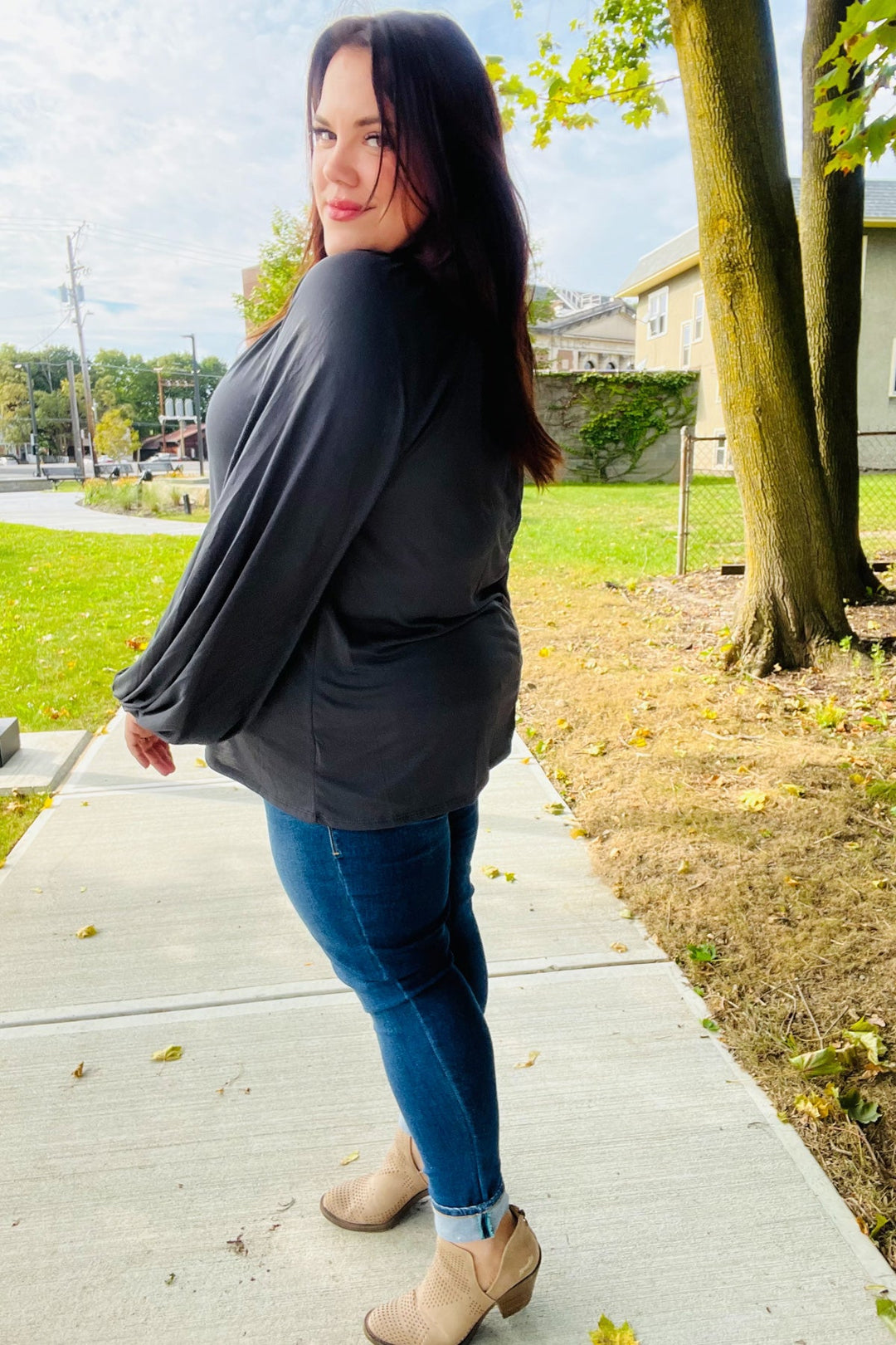 Versatile Charcoal Front Tie Modal Knit Peasant Tops | Nikki &amp; Co. Boutique