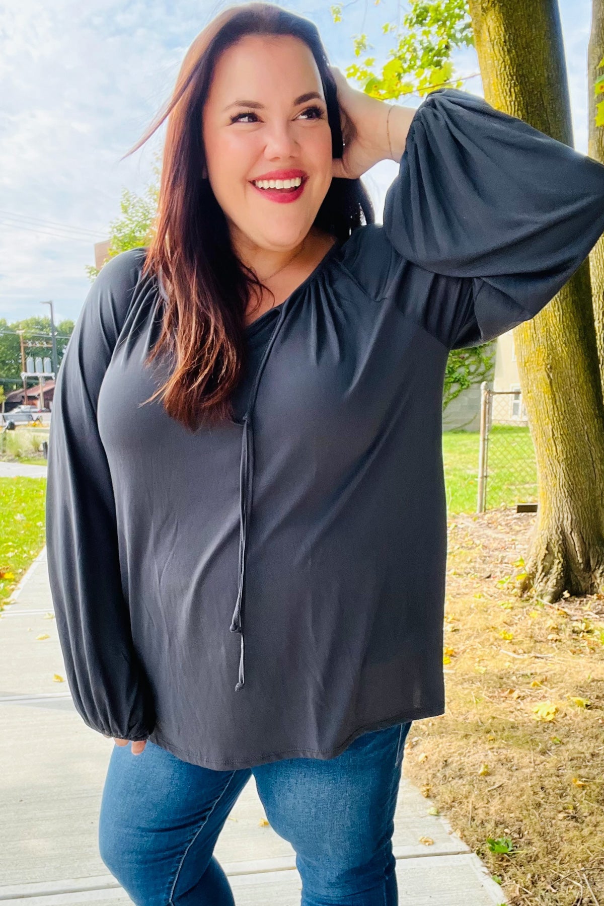 Versatile Charcoal Front Tie Modal Knit Peasant Top - Nikki and Co Boutique