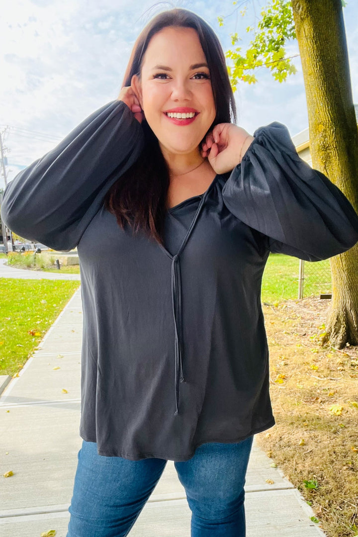 Versatile Charcoal Front Tie Modal Knit Peasant Tops | Nikki &amp; Co. Boutique