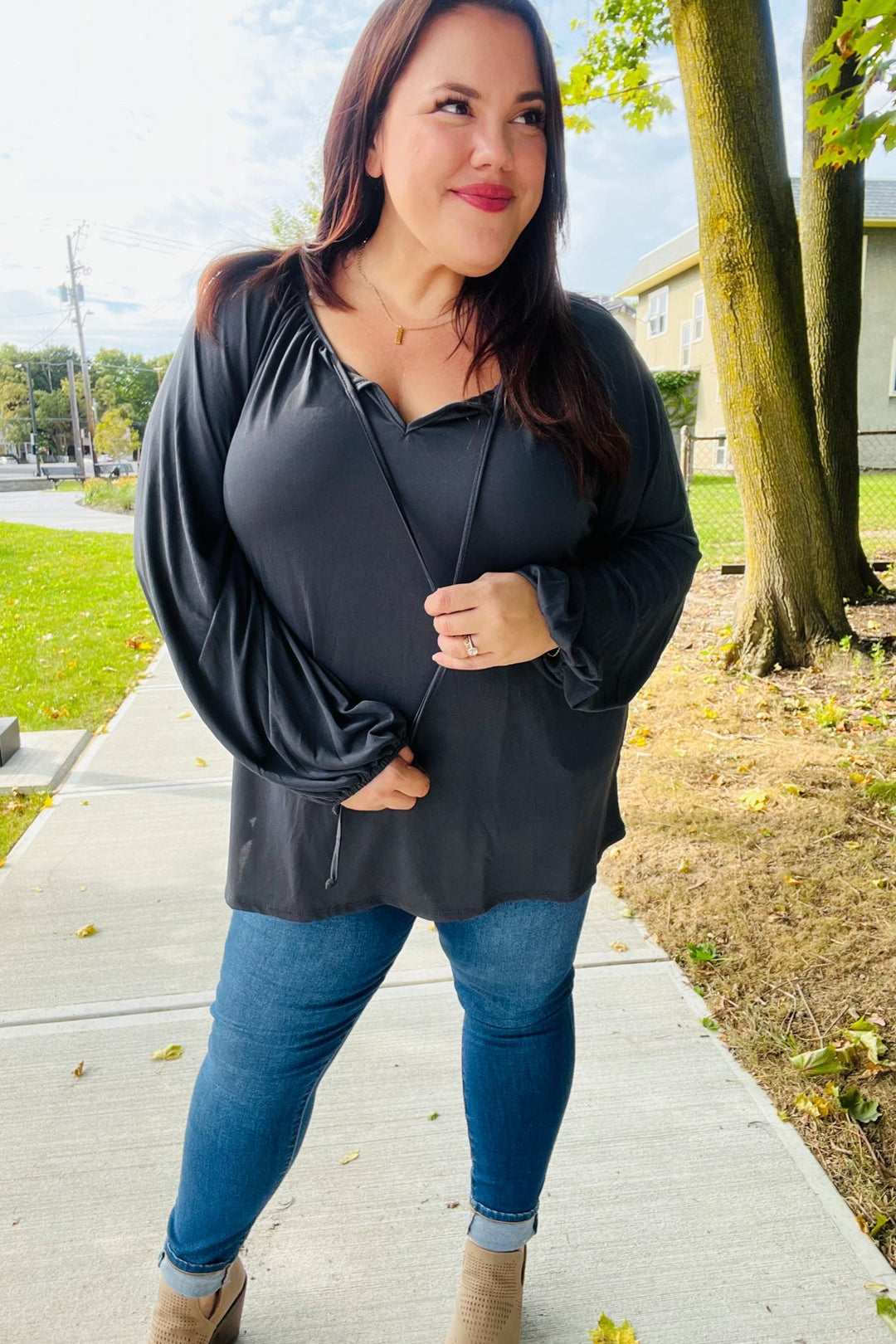 Versatile Charcoal Front Tie Modal Knit Peasant Tops | Nikki &amp; Co. Boutique