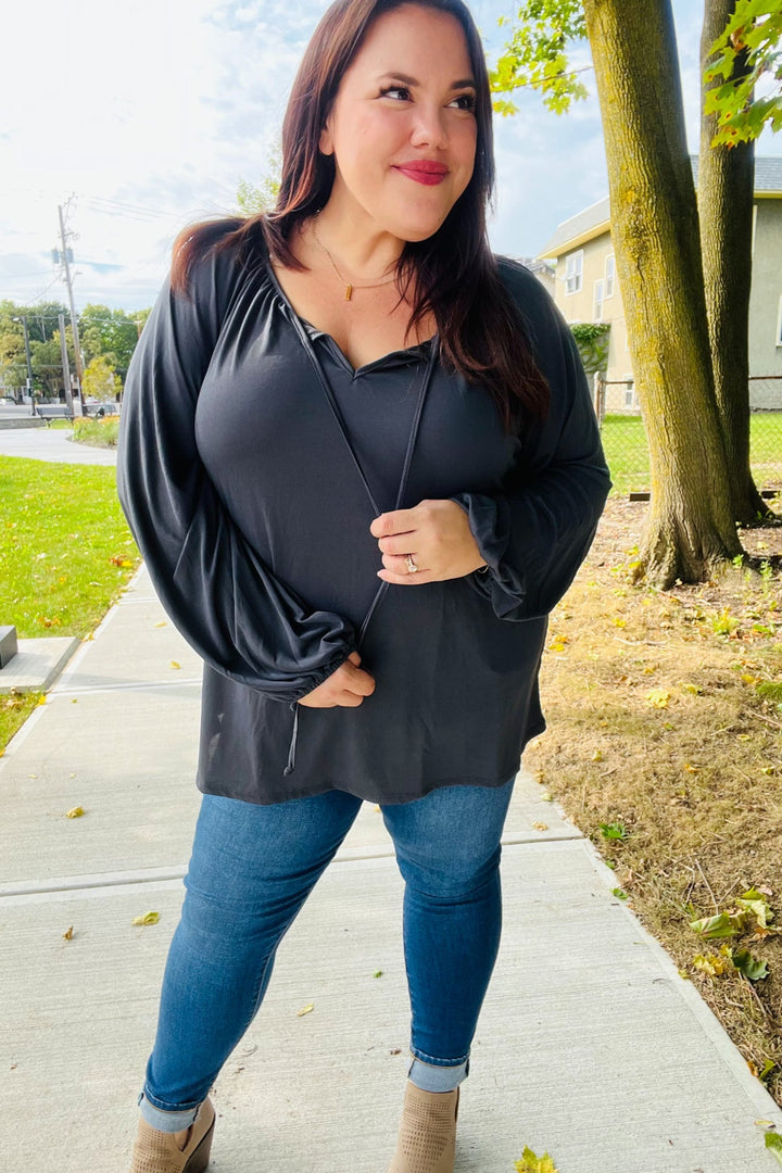 Versatile Charcoal Front Tie Modal Knit Peasant Tops | Nikki &amp; Co. Boutique