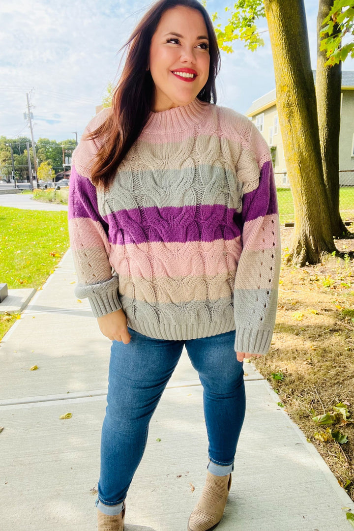 Fall For You Mauve Multicolor Stripe Cable Knit Mock Neck Sweater | Nikki &amp; Co. Boutique
