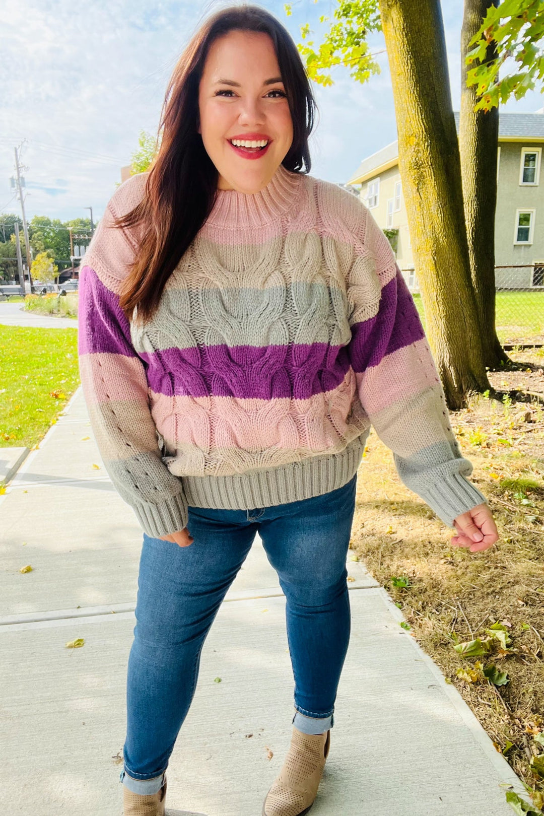 Fall For You Mauve Multicolor Stripe Cable Knit Mock Neck Sweater | Nikki &amp; Co. Boutique