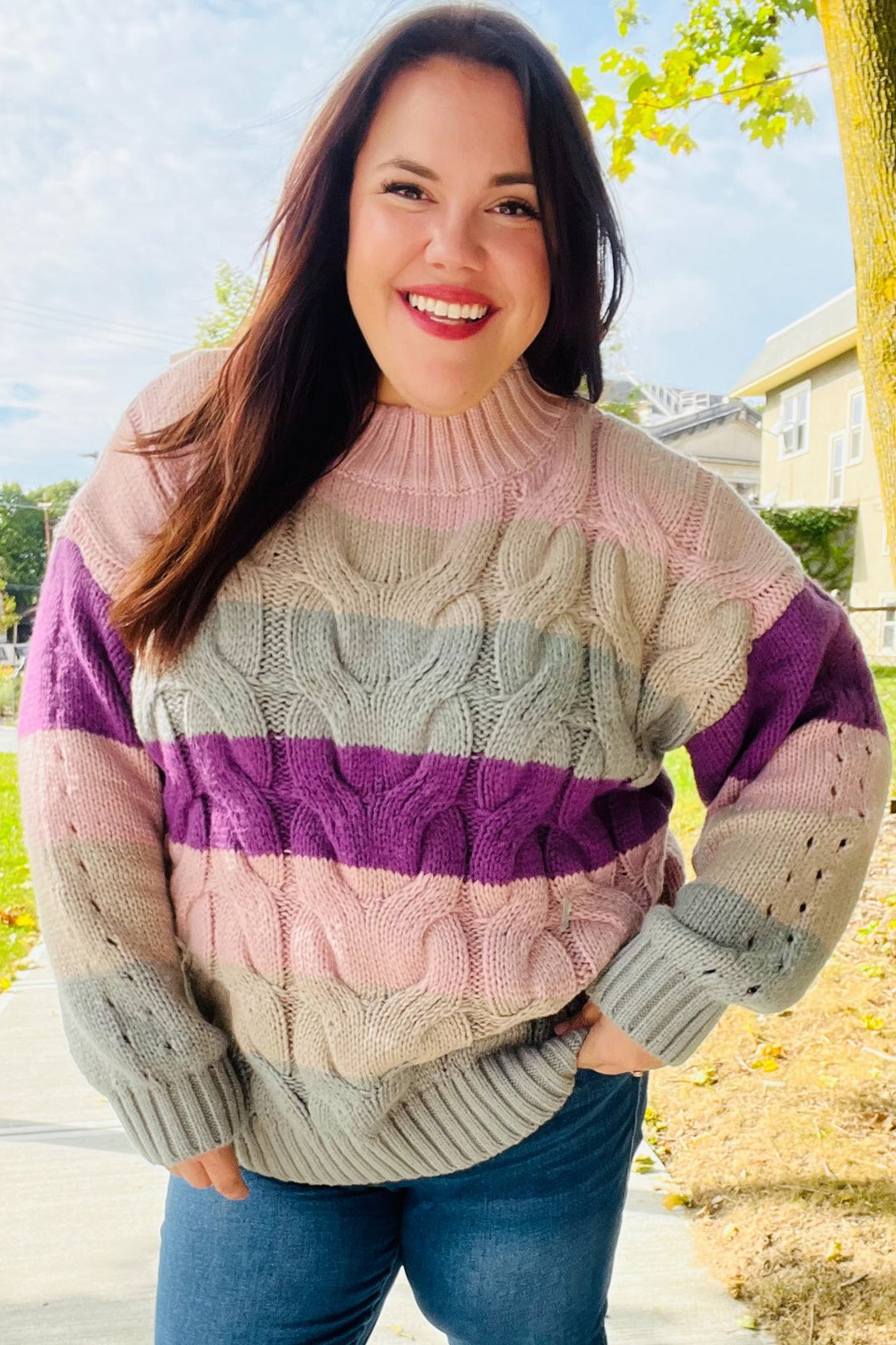 Fall For You Mauve Multicolor Stripe Cable Knit Mock Neck Sweater | Nikki &amp; Co. Boutique