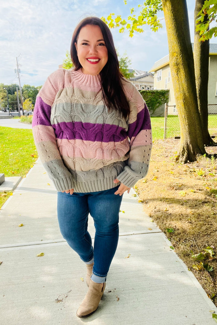 Fall For You Mauve Multicolor Stripe Cable Knit Mock Neck Sweater | Nikki &amp; Co. Boutique