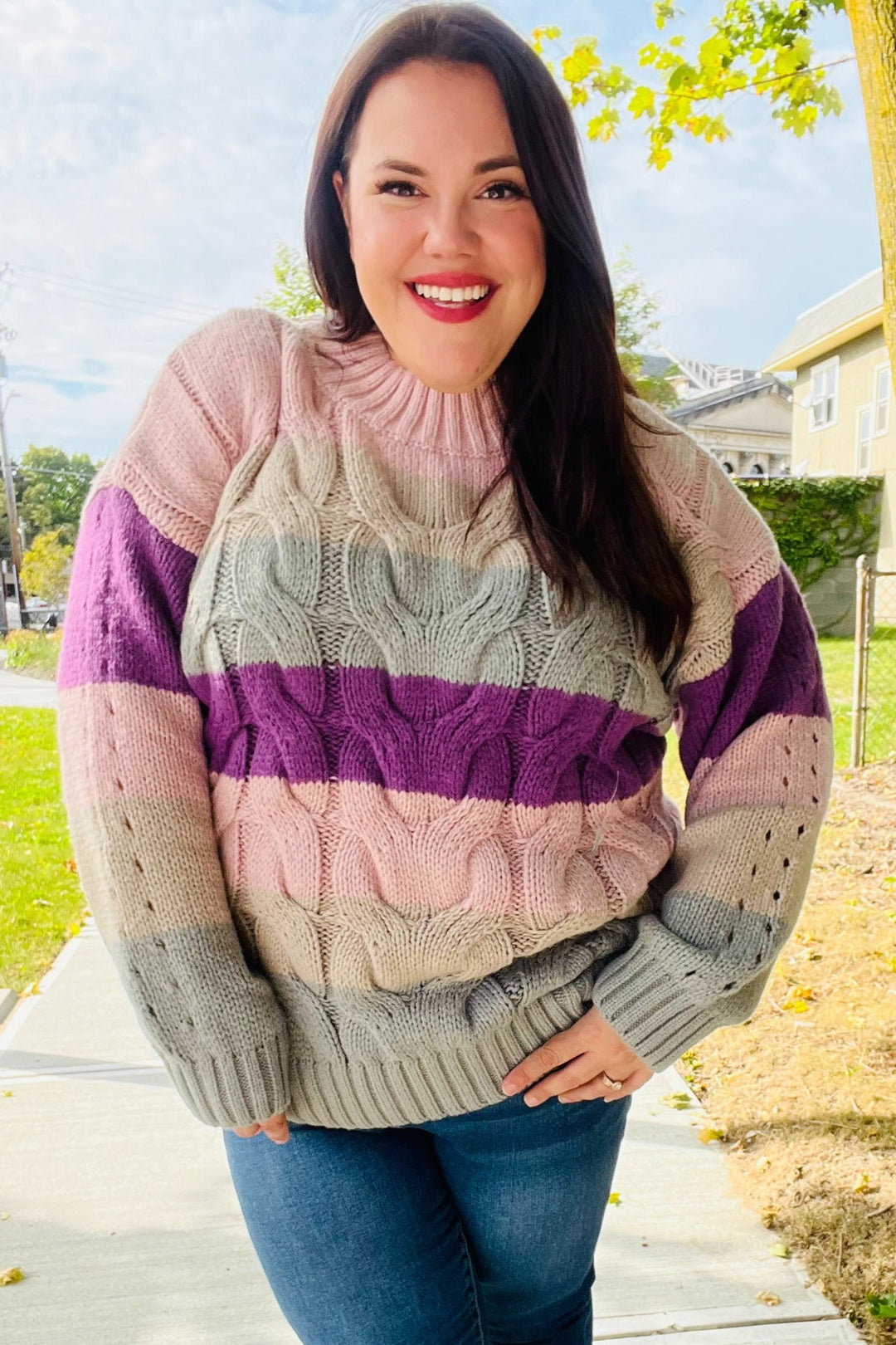 Fall For You Mauve Multicolor Stripe Cable Knit Mock Neck Sweater | Nikki &amp; Co. Boutique