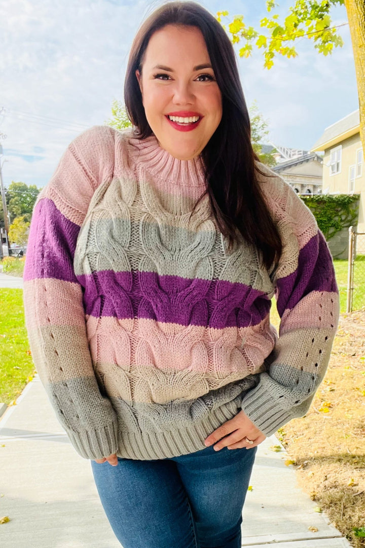 Fall For You Mauve Multicolor Stripe Cable Knit Mock Neck Sweater | Nikki &amp; Co. Boutique