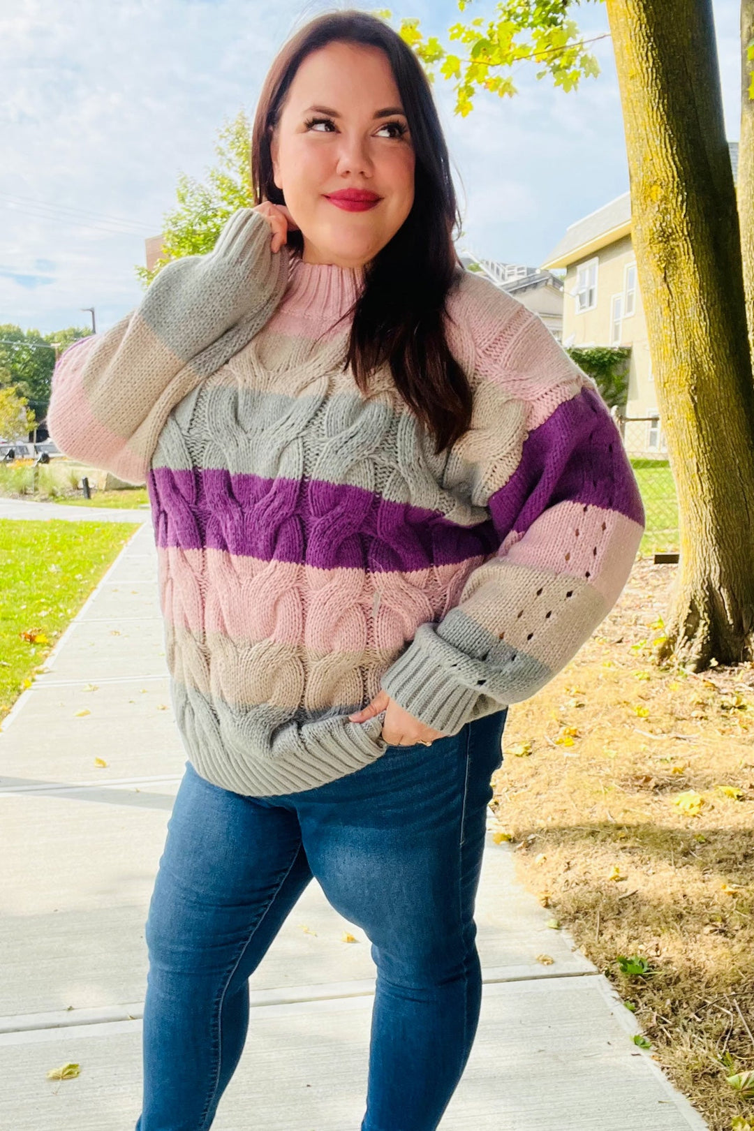 Fall For You Mauve Multicolor Stripe Cable Knit Mock Neck Sweater | Nikki &amp; Co. Boutique