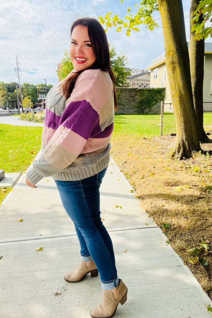 Fall For You Mauve Multicolor Stripe Cable Knit Mock Neck Sweater | Nikki &amp; Co. Boutique