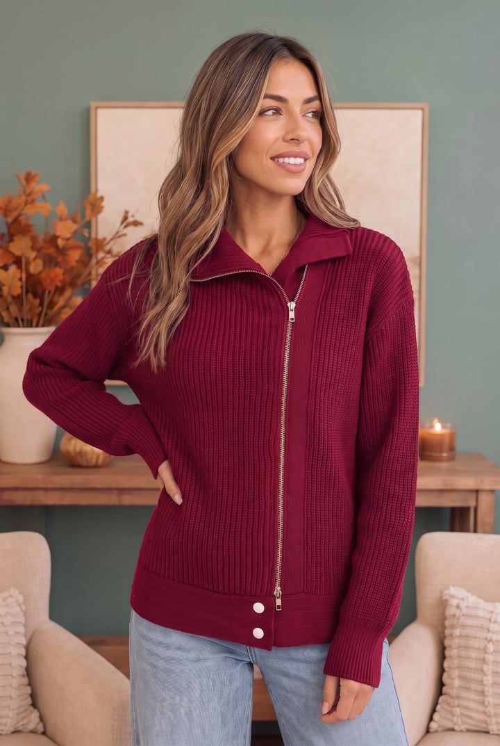 On Set Zip-Up Ribbed Sweater Jacket in Cranberry - Nikki &amp; Co. Boutique