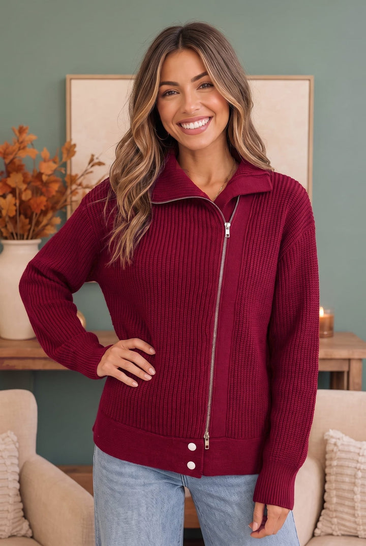 On Set Zip-Up Ribbed Sweater Jacket in Cranberry - Nikki &amp; Co. Boutique