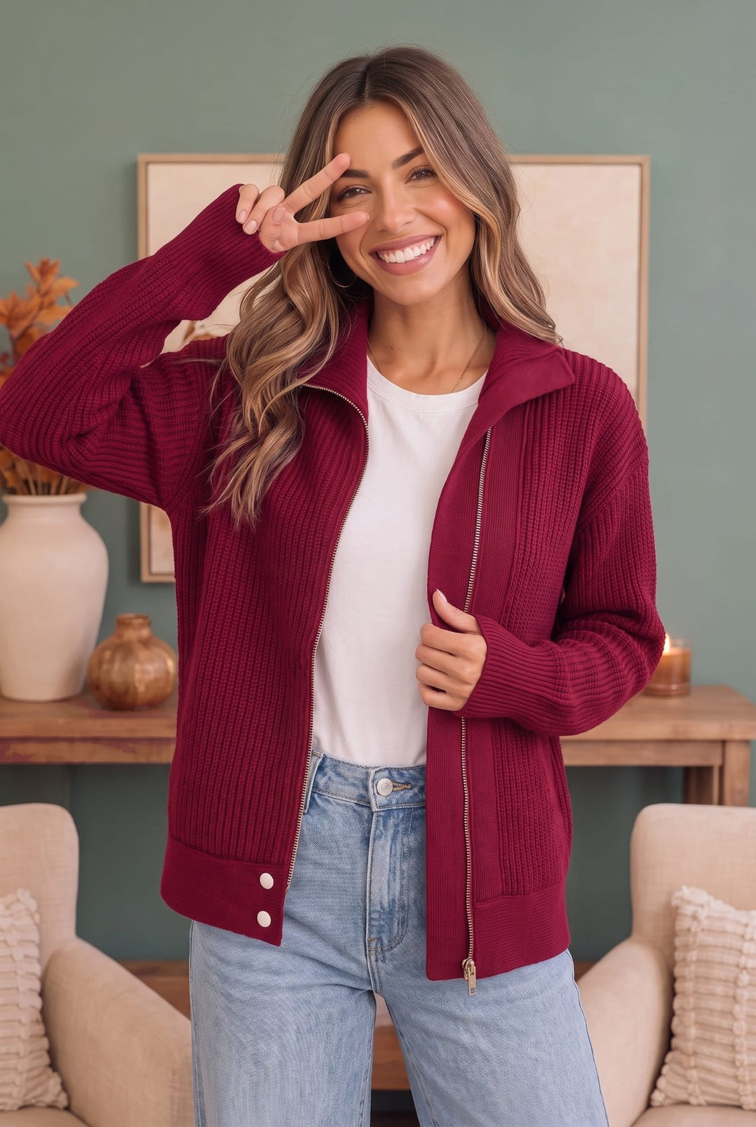 On Set Zip-Up Ribbed Sweater Jacket in Cranberry - Nikki &amp; Co. Boutique