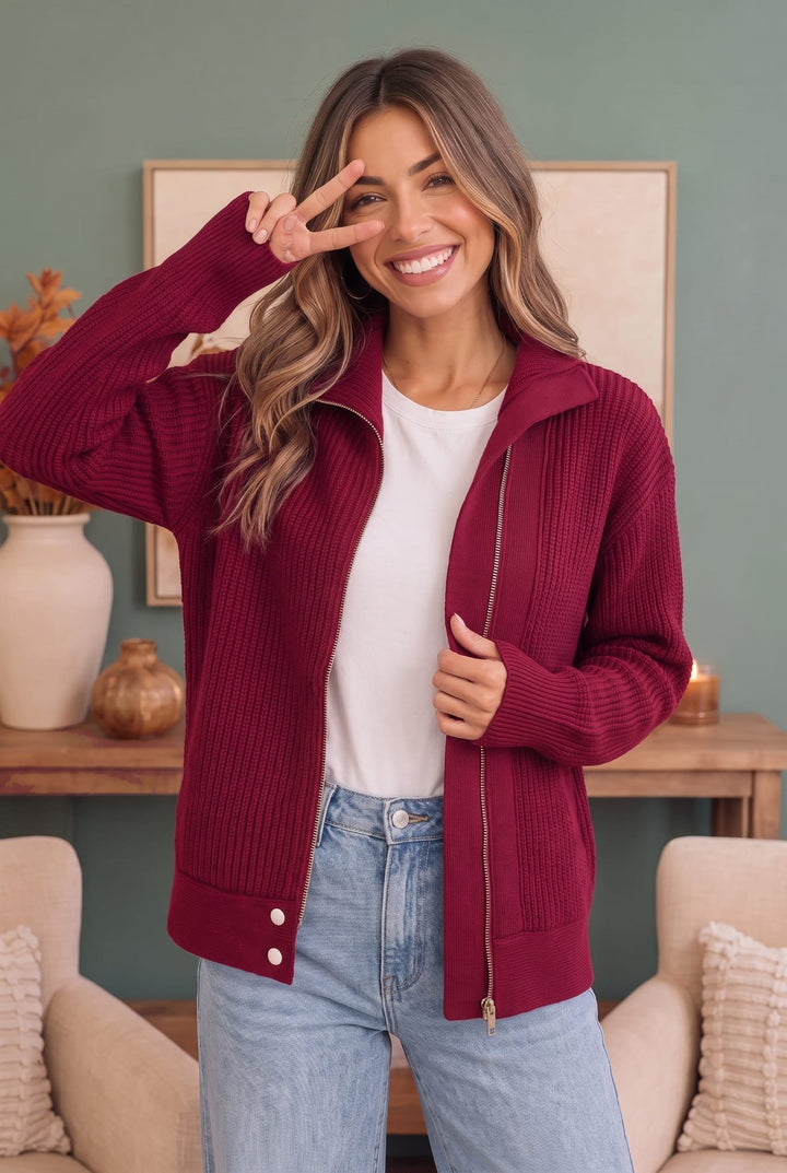 On Set Zip-Up Ribbed Sweater Jacket in Cranberry - Nikki &amp; Co. Boutique