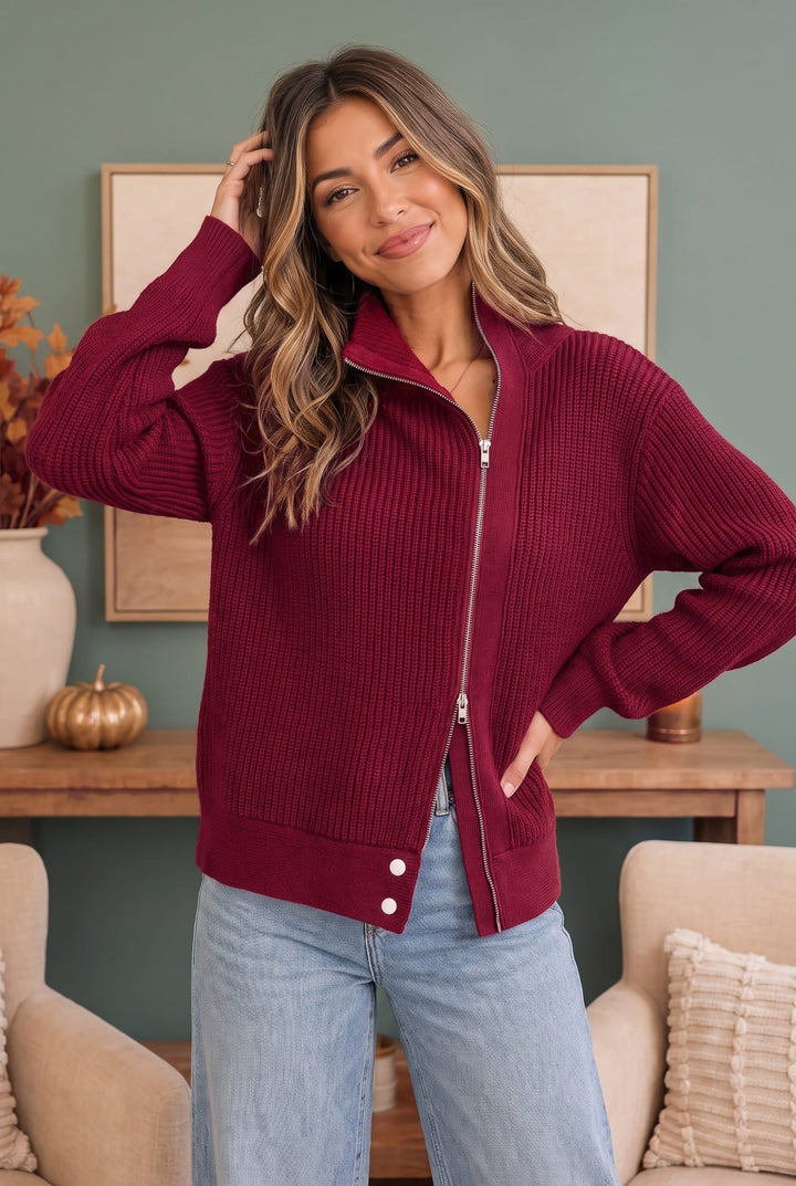 On Set Zip-Up Ribbed Sweater Jacket in Cranberry - Nikki &amp; Co. Boutique