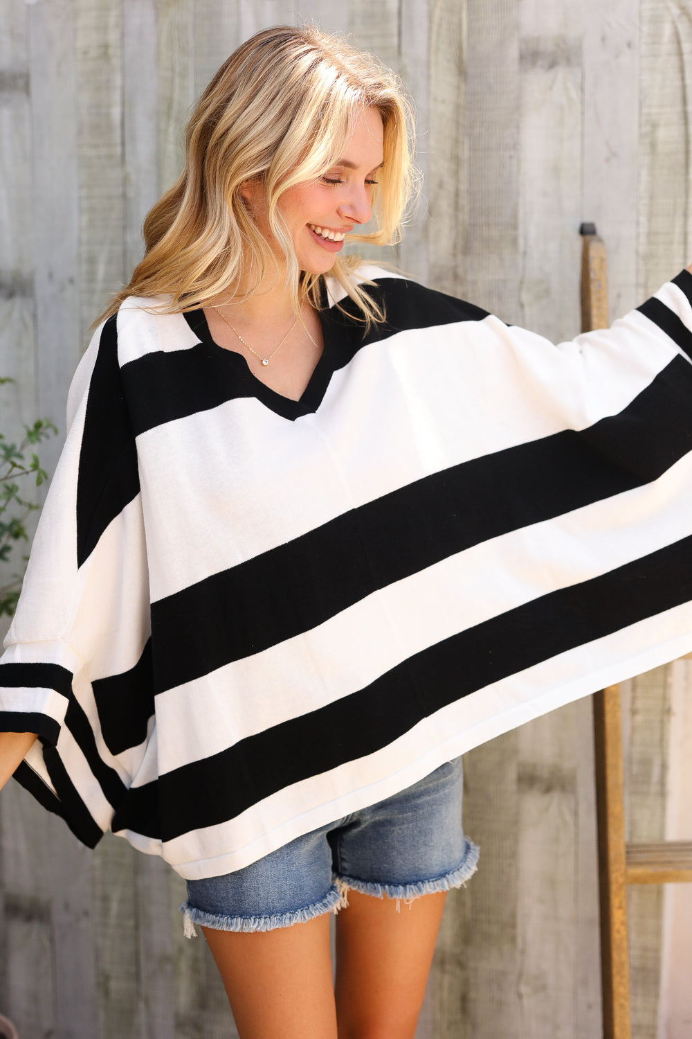 The Traveler Black/White Stripe Dolman Notch Neck Sweater Poncho
