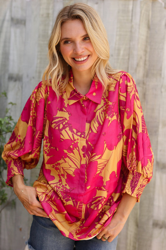 Elegant In Fuchsia Satin Button-Down Smock Long Sleeve Blouse