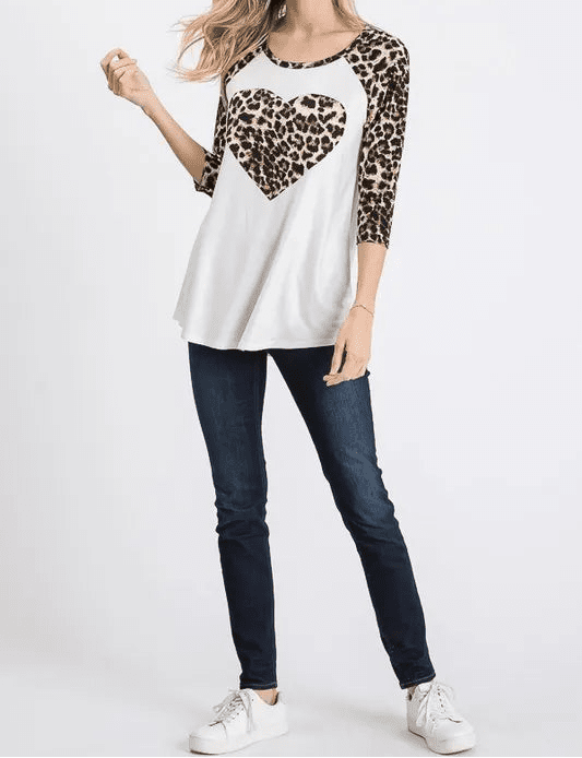 Black Top, Leopard 3/4 Sleeves and Center Heart (NP) | Nikki &amp; Co. Boutique